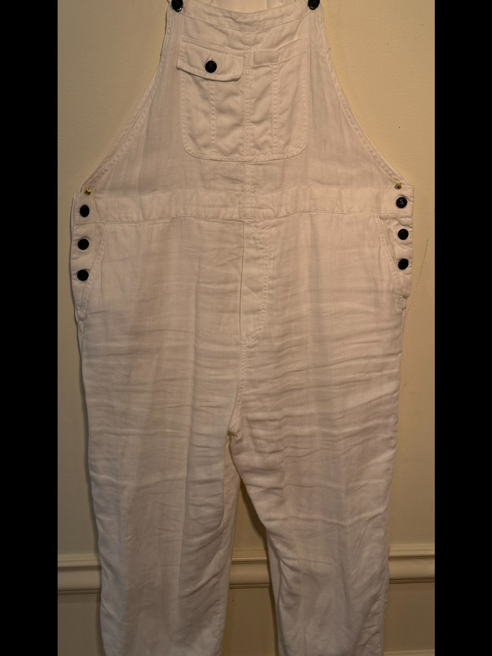 Sundance White Linen Button-Front Overalls Jumpsuit